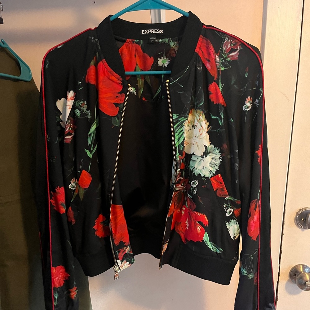 Express Red Floral Bomber Jacket - Size S